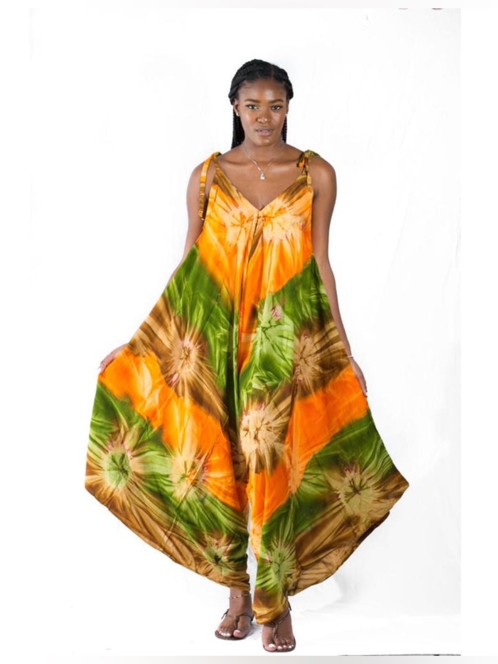 Jamaican Tie-Dye V-Neck Orange Green 100% Rayon Flowing Jumpsuit Romper Size OS